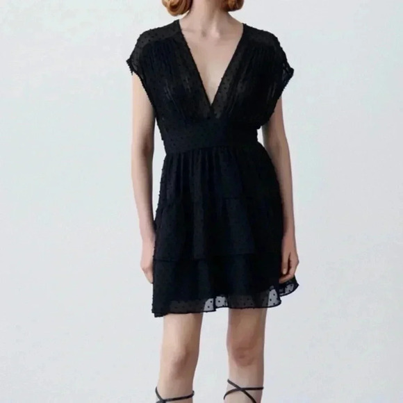 Zara Black Mini Ruffle V Neck Dress with polka dot texture - Picture 1 of 5